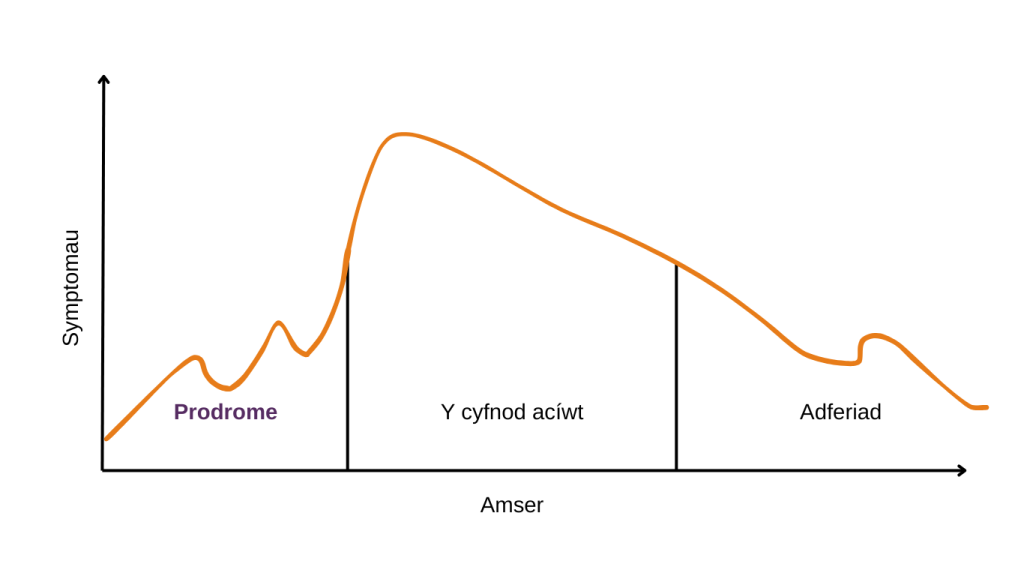 A graph showing the prodrome, acute phase, and recovery of psychosis